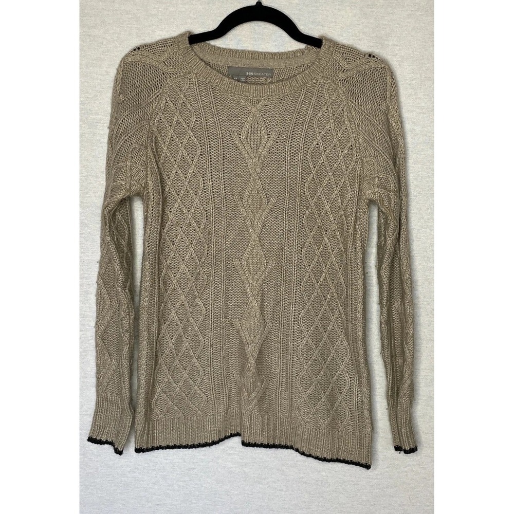 360Sweater Cable Knit Sweater Womens XS Tan Side Zip Cashmere Angora Blend Cabin